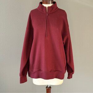 Aritzia Red cozy sweat fleece Boyfriend 1/2 Zip mock neck Sweatshirt Sz XL Fall